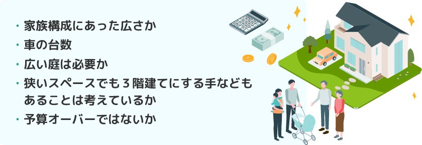 家族構成にあった広さか、車の台数、広い庭は必要か、狭いスペースでも３階建てにする手などもあることは考えているか、予算オーバーではないか